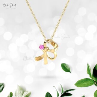 Knot Solitaire Pendant With 3mm Round Pink Sapphire Curved Necklace In 14k Real Gold