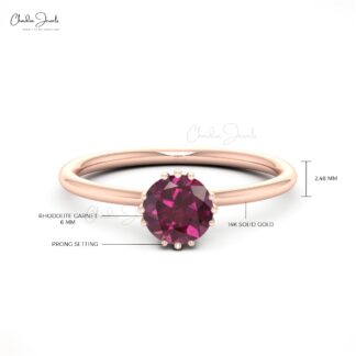 Gemstone Engagement Ring With 6mm Rhodolite Garnet Solitaire Ring In 14k Real Gold