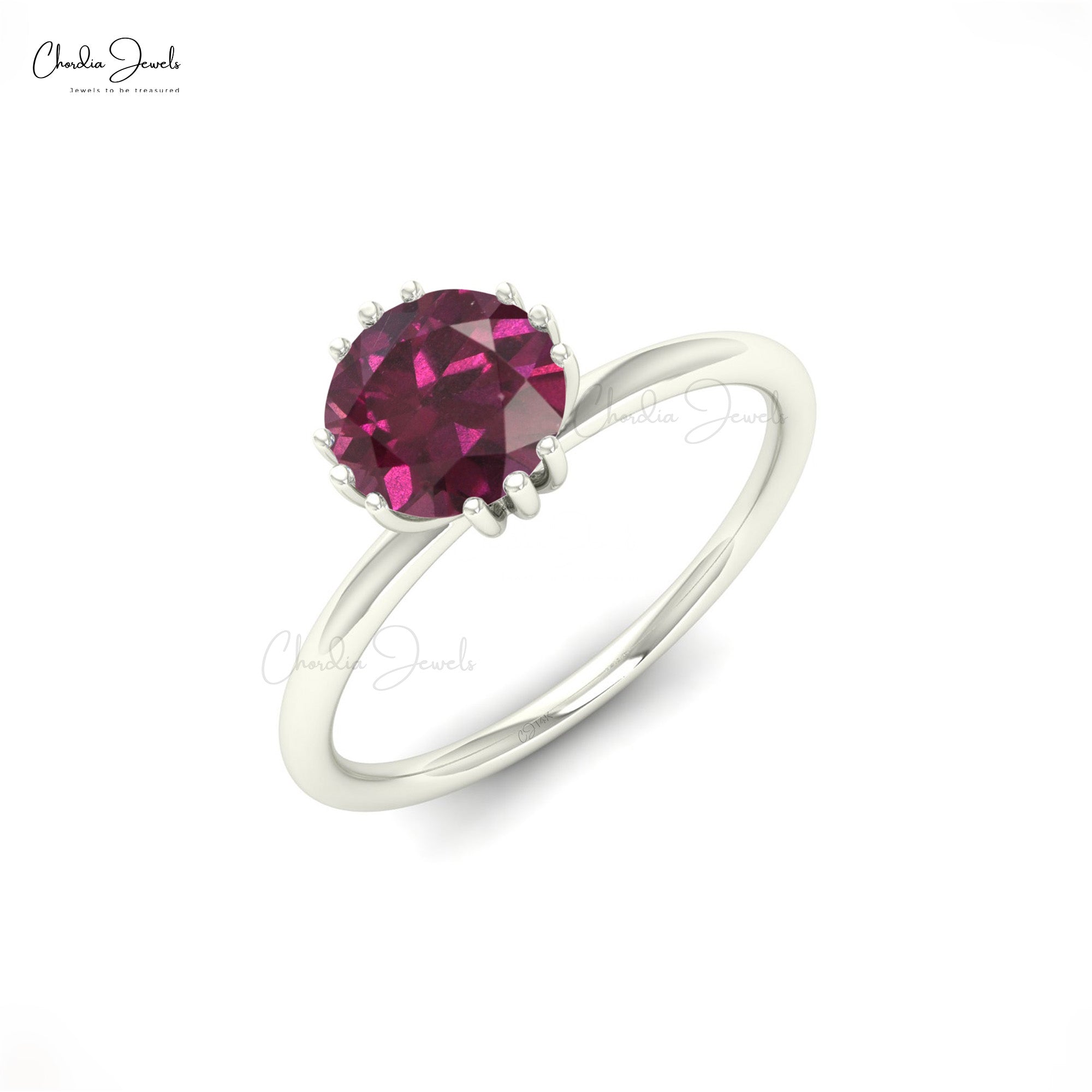 Gemstone Engagement Ring With 6mm Rhodolite Garnet Solitaire Ring In 14k Real Gold