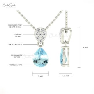 Natural Aquamarine Tear Drop Pendant 2.00 Carat 14k Solid Gold White Diamond Pendant