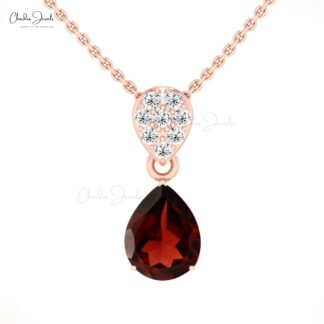 Natural Garnet Dangle Pendant With G-H Diamond Pave Set In 14k Solid Gold Bridal Pendants