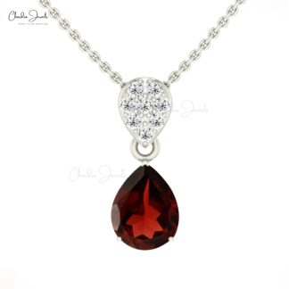 Natural Garnet Dangle Pendant With G-H Diamond Pave Set In 14k Solid Gold Bridal Pendants