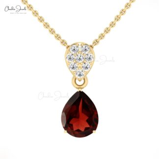 Natural Garnet Dangle Pendant With G-H Diamond Pave Set In 14k Solid Gold Bridal Pendants