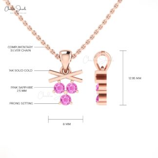 Genuine Pink Sapphire Gemstone 14k Solid Gold Three Stone Everyday Pendant