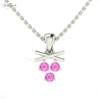 Genuine Pink Sapphire Gemstone 14k Solid Gold Three Stone Everyday Pendant
