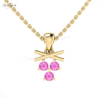 Genuine Pink Sapphire Gemstone 14k Solid Gold Three Stone Everyday Pendant