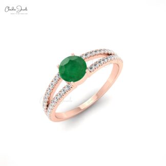 Genuine Round Cut Emerald and Diamond Split Shank Ring14k Solid Gold