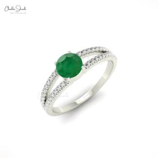 Genuine Round Cut Emerald and Diamond Split Shank Ring14k Solid Gold