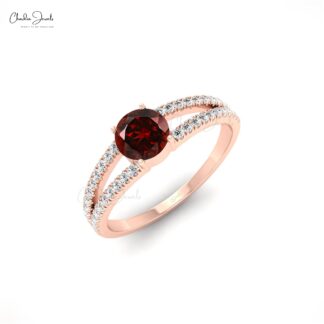 Garnet Solitaire 14k Gold Split Shank Engagement Ring with Diamond Accents