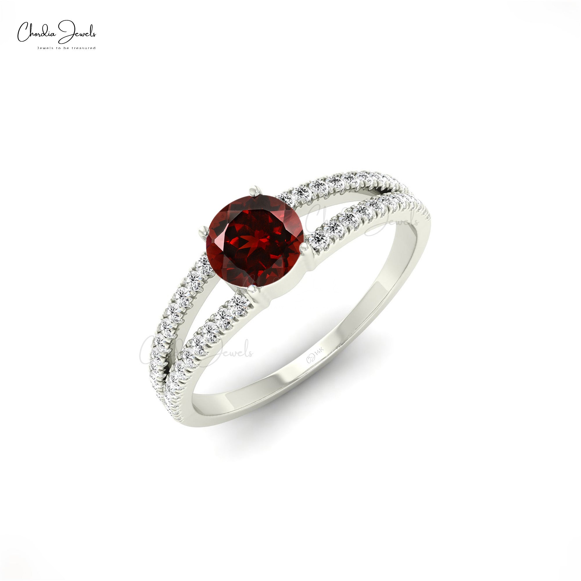 Garnet Solitaire 14k Gold Split Shank Engagement Ring with Diamond Accents