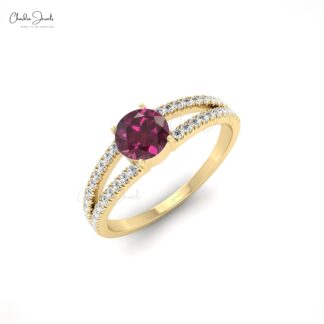 Natural Rhodolite Garnet Twin Shank Ring With G-H Diamond Bridal Jewelry In 14k Pure Gold