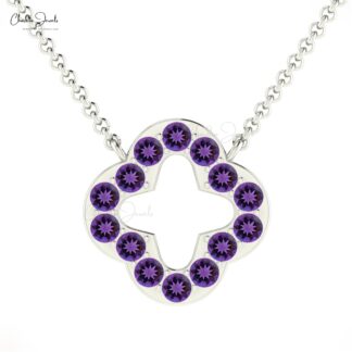Open Clover Amethyst Necklace With 2mm Gemstone Pave Set In Pure 14k Gold Fine Jewelry
