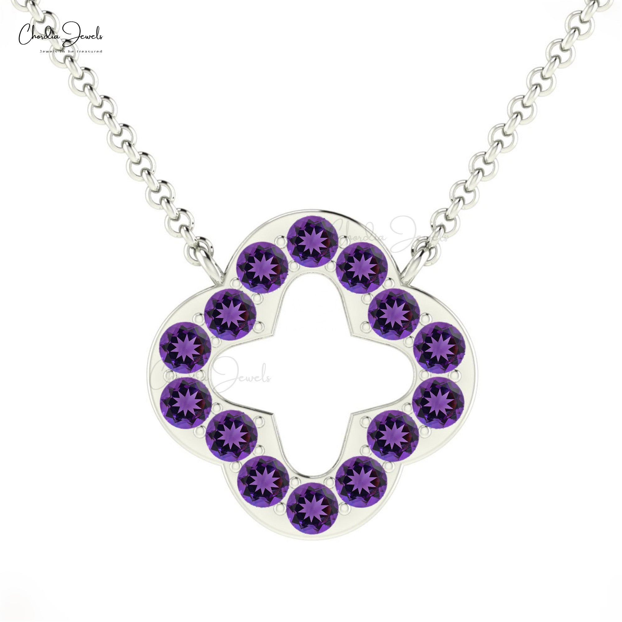 Open Clover Amethyst Necklace With 2mm Gemstone Pave Set In Pure 14k Gold Fine Jewelry