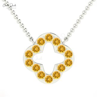 Natural Citrine Clover Necklace With Gemstone Pave Set In 14k Solid Gold Open Necklaces