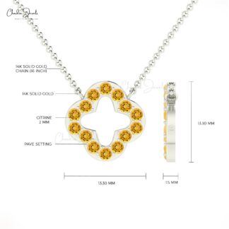 Natural Citrine Clover Necklace With Gemstone Pave Set In 14k Solid Gold Open Necklaces