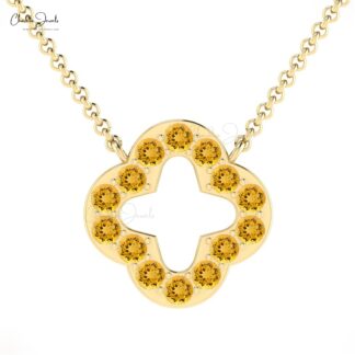 Natural Citrine Clover Necklace With Gemstone Pave Set In 14k Solid Gold Open Necklaces