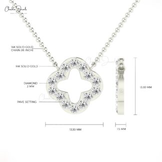 Open Clover Chain Necklace In 14k Real Gold White Diamond 2mm Pave Set Necklaces For Her