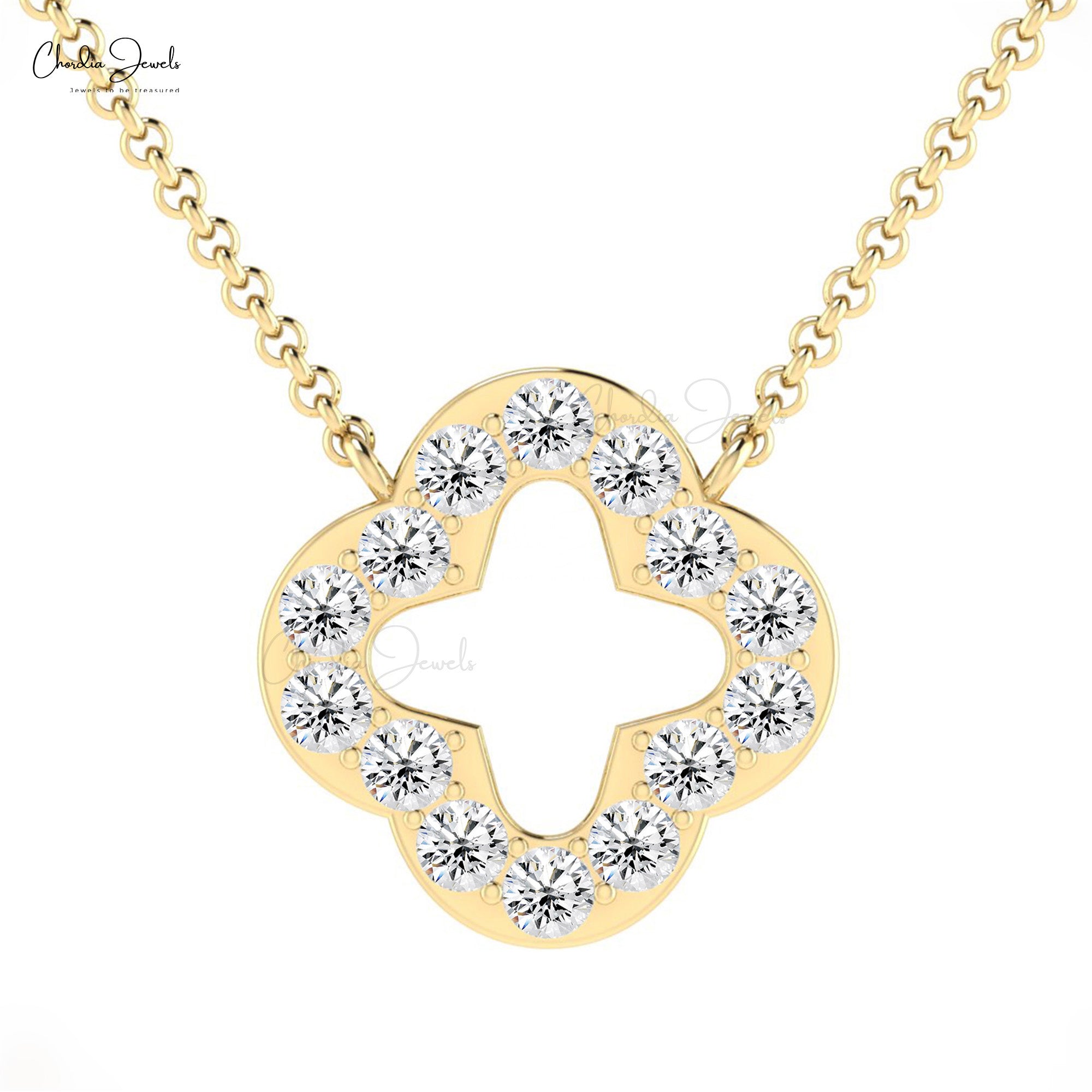 Open Clover Chain Necklace In 14k Real Gold White Diamond 2mm Pave Set Necklaces For Her