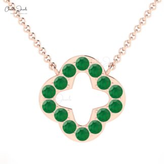 Four Leaf Open Clover Necklace In Pure 14k Gold Emerald 2mm Gemstone Chain Necklaces