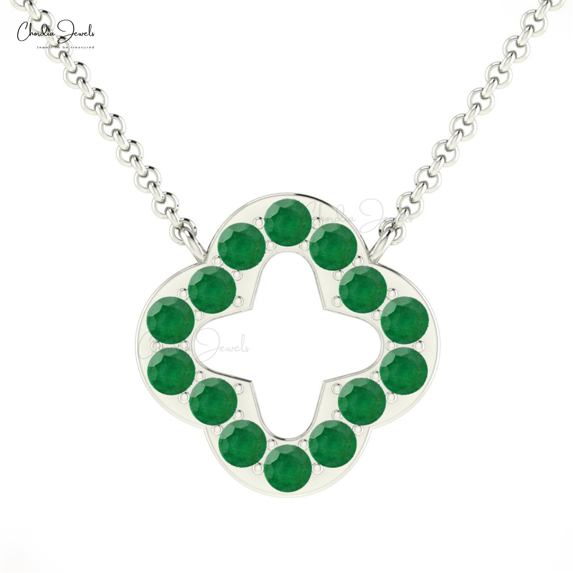 Four Leaf Open Clover Necklace In Pure 14k Gold Emerald 2mm Gemstone Chain Necklaces