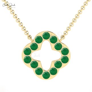 Four Leaf Open Clover Necklace In Pure 14k Gold Emerald 2mm Gemstone Chain Necklaces