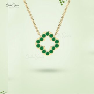 Four Leaf Open Clover Necklace In Pure 14k Gold Emerald 2mm Gemstone Chain Necklaces