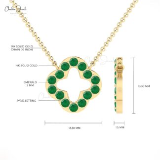 Four Leaf Open Clover Necklace In Pure 14k Gold Emerald 2mm Gemstone Chain Necklaces