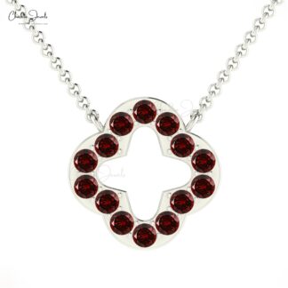 Natural Red Garnet Open Clover Necklace In Real 14k Gold Round Cut Hallmarked Necklaces