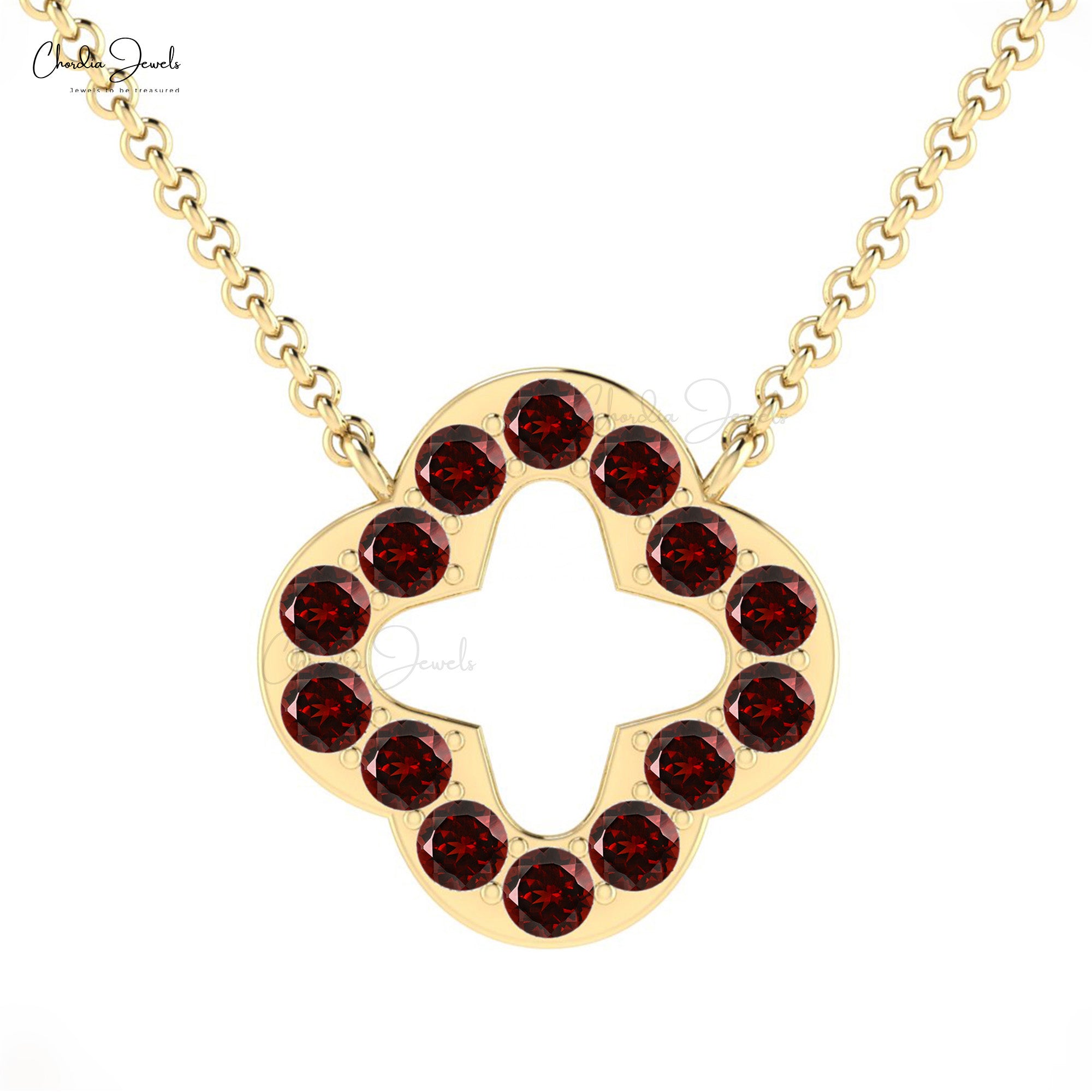 Natural Red Garnet Open Clover Necklace In Real 14k Gold Round Cut Hallmarked Necklaces
