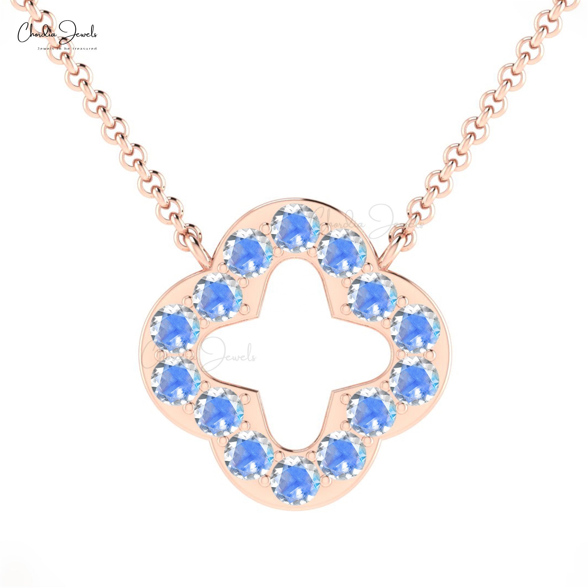 Pure 14k Gold Clover Chain Necklace With 0.70 Ct Rainbow Moonstone Proposal Necklaces