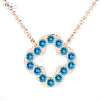 Four Leaf Style Open Necklace With 2mm Swiss Blue Topaz Clover Necklace In 14k Solid Gold
