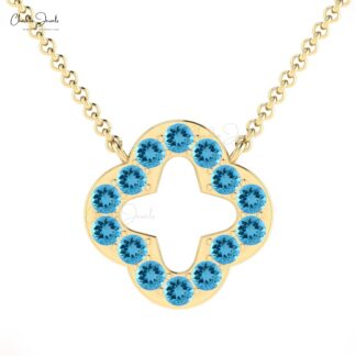 Four Leaf Style Open Necklace With 2mm Swiss Blue Topaz Clover Necklace In 14k Solid Gold
