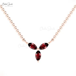 Natural Red Garnet 0.24 Ct Gemstone Necklace In 14k Real Gold 3 Stone Thin Chain Necklace