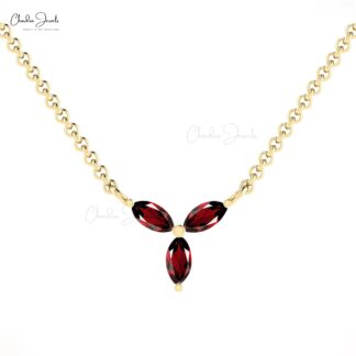 Natural Red Garnet 0.24 Ct Gemstone Necklace In 14k Real Gold 3 Stone Thin Chain Necklace