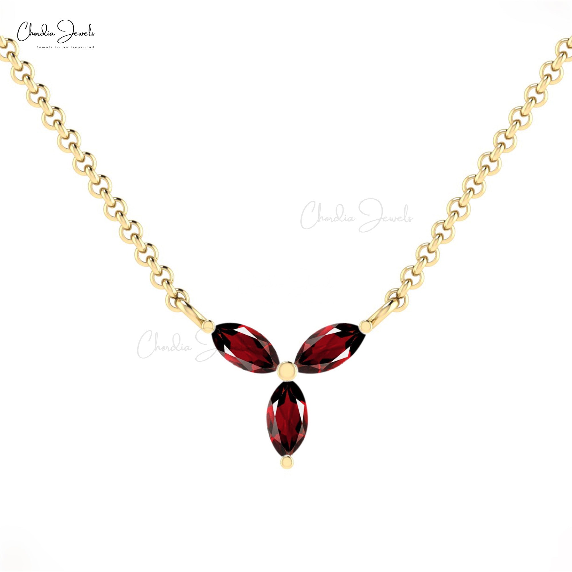 Natural Red Garnet 0.24 Ct Gemstone Necklace In 14k Real Gold 3 Stone Thin Chain Necklace