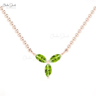 Gemstone Cluster Necklace With 0.24 Ct Peridot Three Stone Necklace In 14k Pure Gold