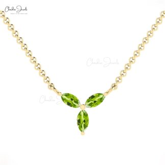Gemstone Cluster Necklace With 0.24 Ct Peridot Three Stone Necklace In 14k Pure Gold