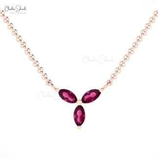 Marquise Gemstone Necklace In 14k Real Gold Rhodolite Garnet 3 Stone Handmade Necklace