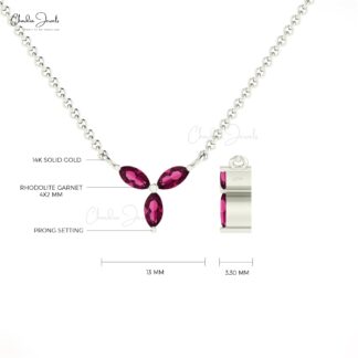 Marquise Gemstone Necklace In 14k Real Gold Rhodolite Garnet 3 Stone Handmade Necklace