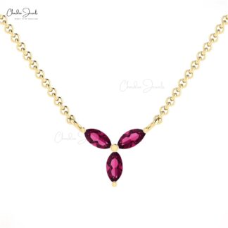 Marquise Gemstone Necklace In 14k Real Gold Rhodolite Garnet 3 Stone Handmade Necklace
