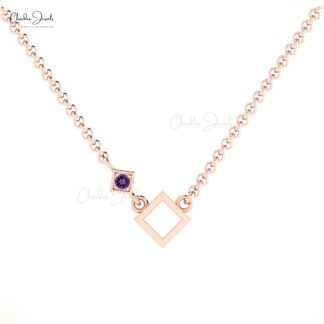 Gemstone Accented Pendant In Pure 14k Gold Amethyst Open Square Necklace For Her