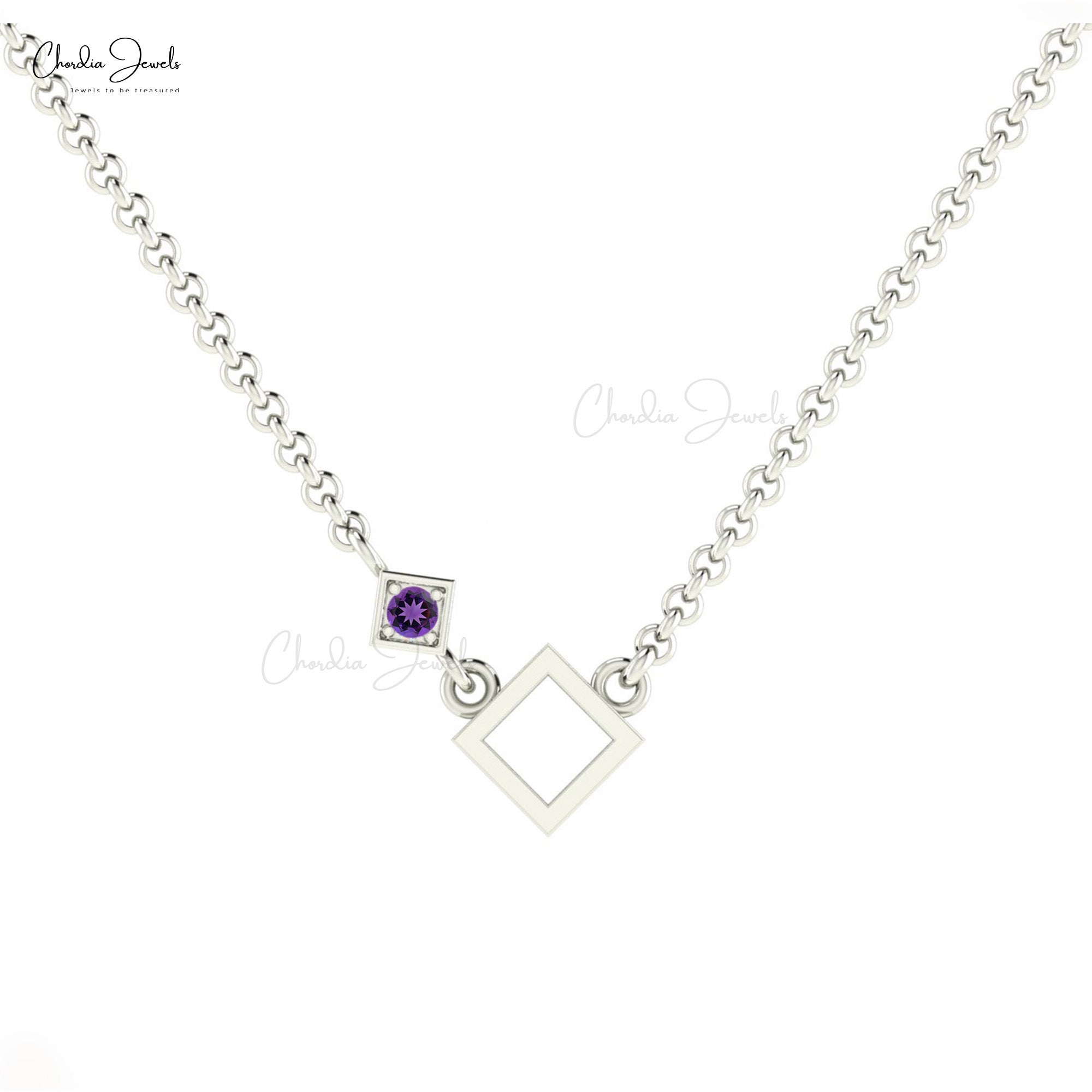 Gemstone Accented Pendant In Pure 14k Gold Amethyst Open Square Necklace For Her