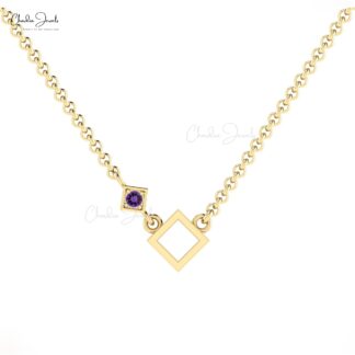 Gemstone Accented Pendant In Pure 14k Gold Amethyst Open Square Necklace For Her