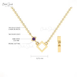 Gemstone Accented Pendant In Pure 14k Gold Amethyst Open Square Necklace For Her