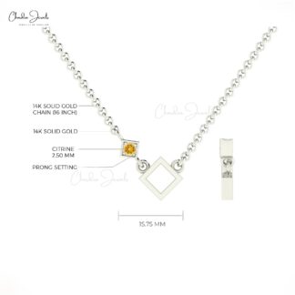 Genuine Citrine Solitaire Pendant In Solid 14k Gold Open Square Gemstone Fine Jewelry