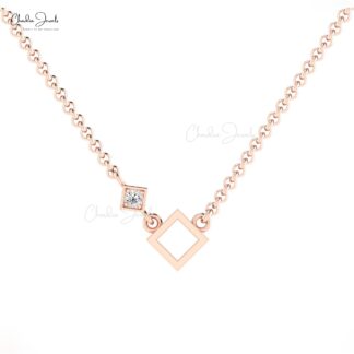 Open Square Dainty Chain Necklace With 2.5mm White Diamond 14k Real Gold Necklace