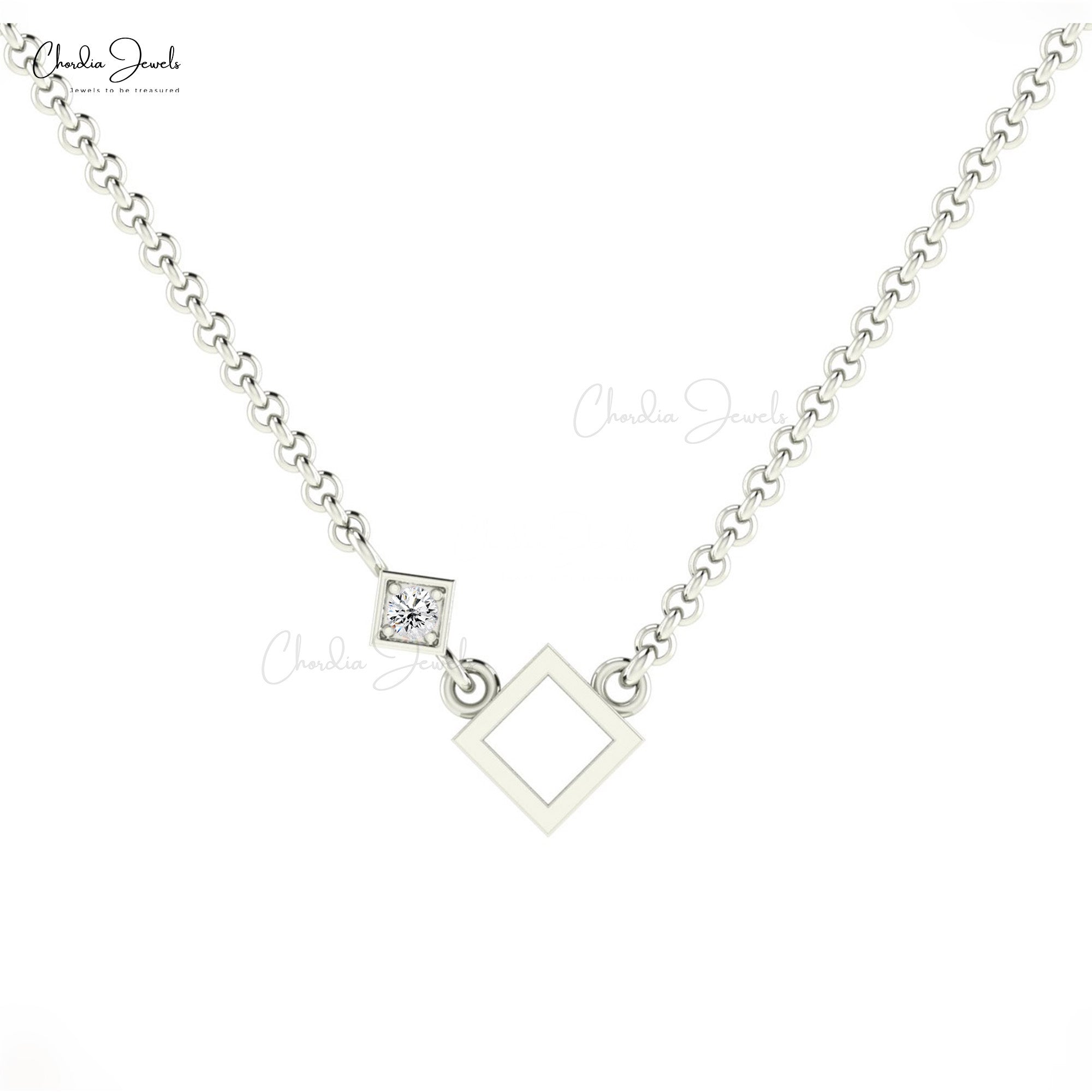 Open Square Dainty Chain Necklace With 2.5mm White Diamond 14k Real Gold Necklace