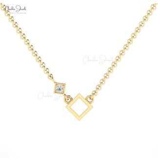 Open Square Dainty Chain Necklace With 2.5mm White Diamond 14k Real Gold Necklace