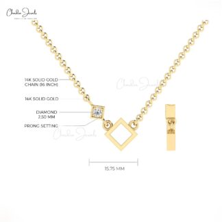 Open Square Dainty Chain Necklace With 2.5mm White Diamond 14k Real Gold Necklace