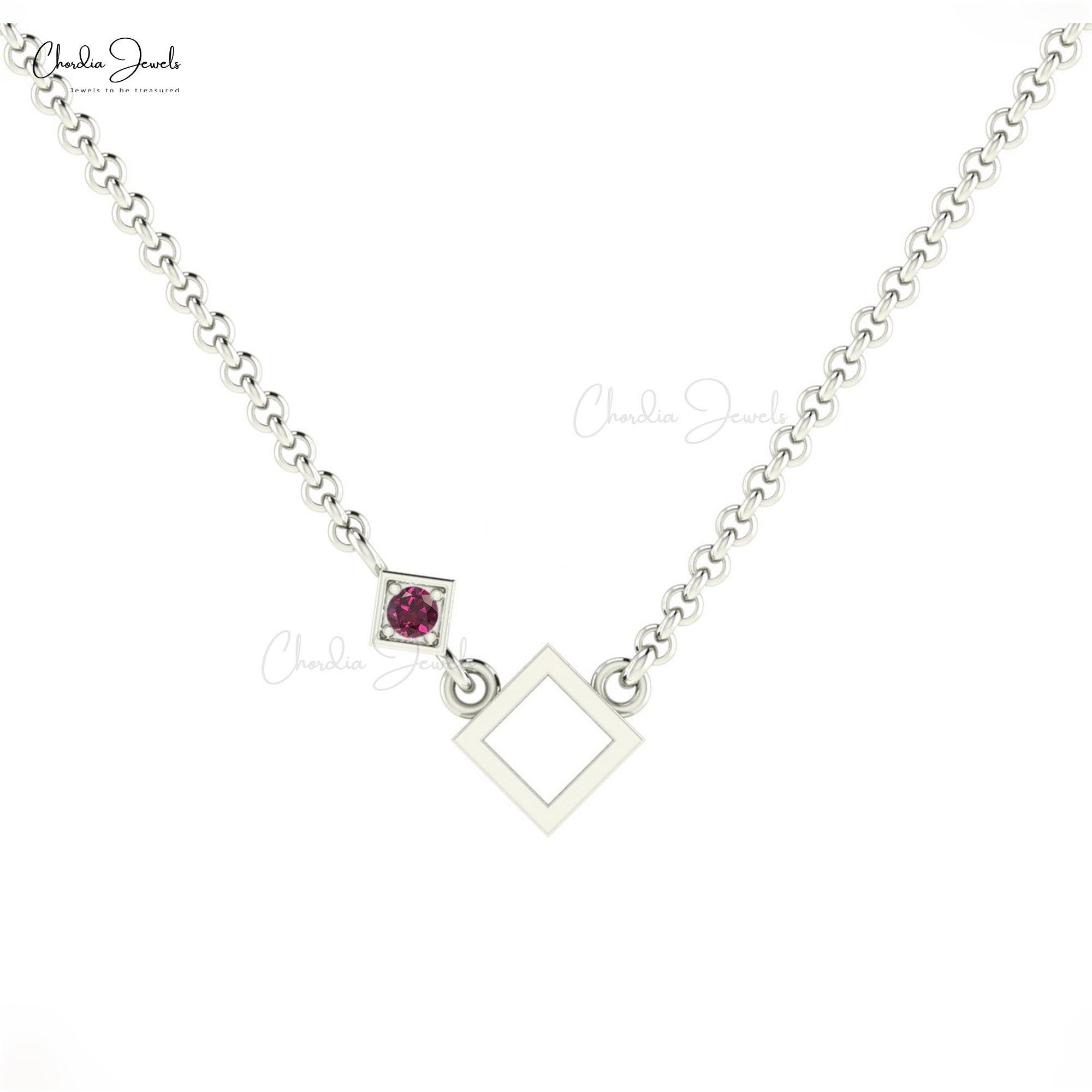 Open Square Rhodolite Garnet Pendant With 2.5mm Gemstone Pave Set In 14k Gold Necklace